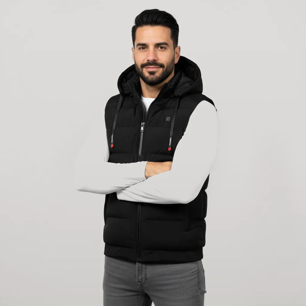 Homme portant le gilet chauffant à capuche noir