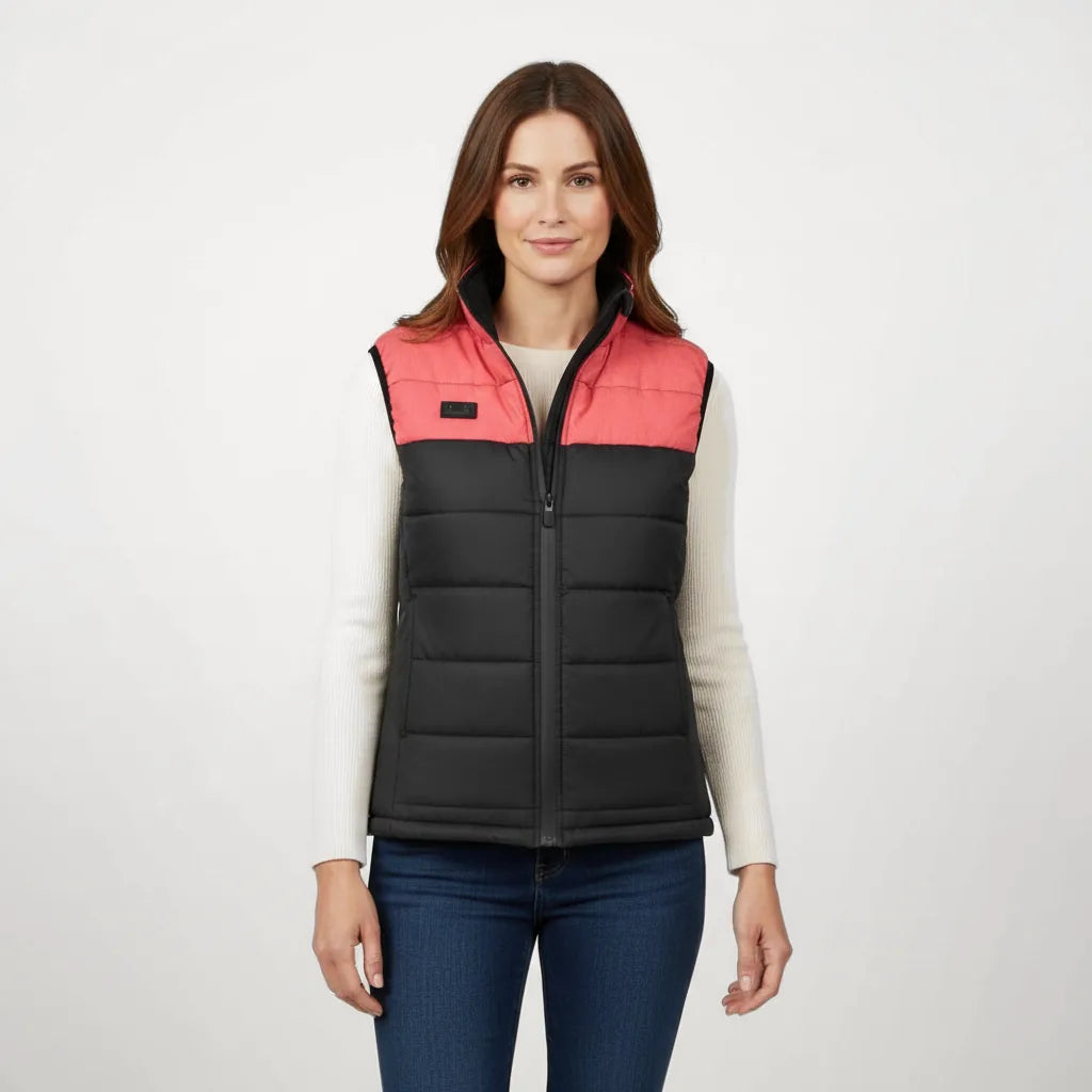 Gilet chauffant femme rose et noir porté de face