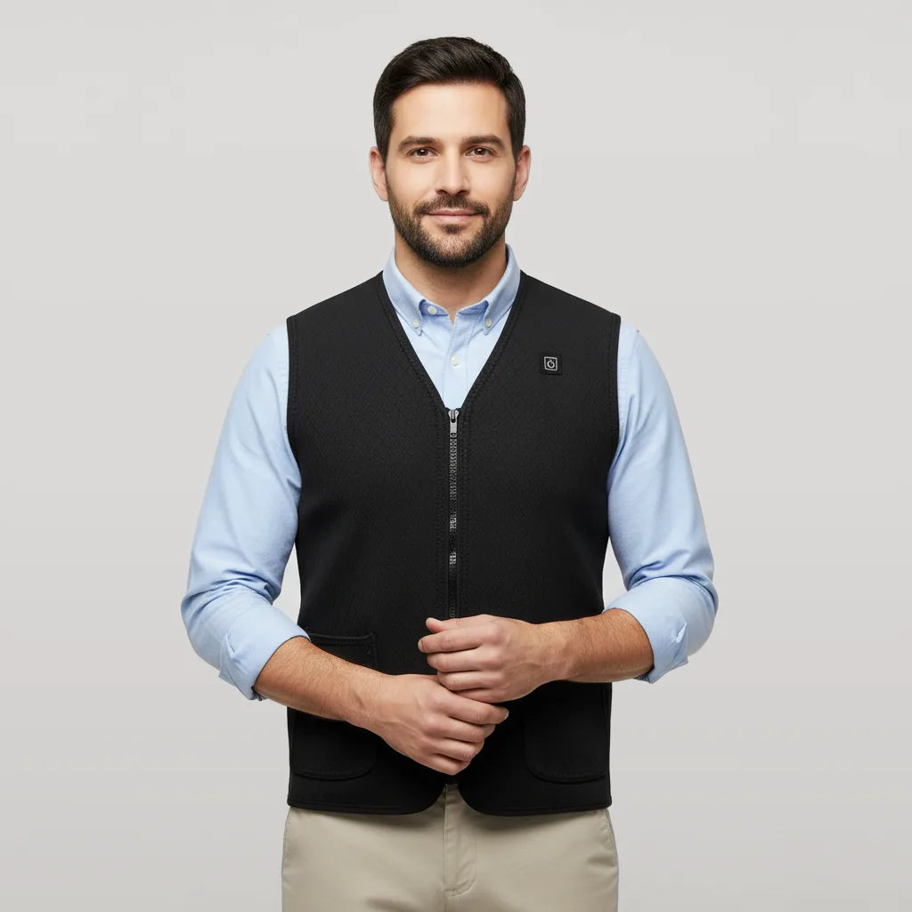 Homme portant le gilet chauffant fin noir sous une chemise