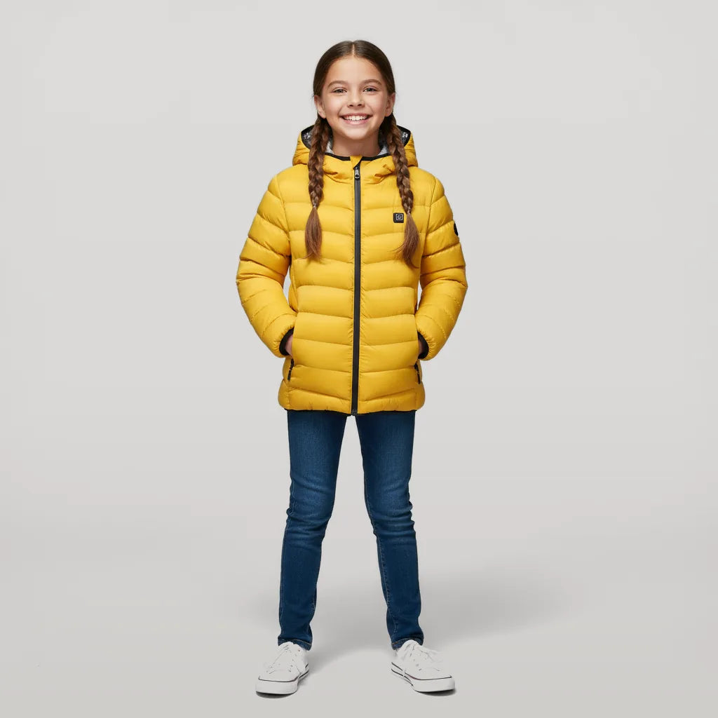 Fille portant la veste chauffante enfant jaune