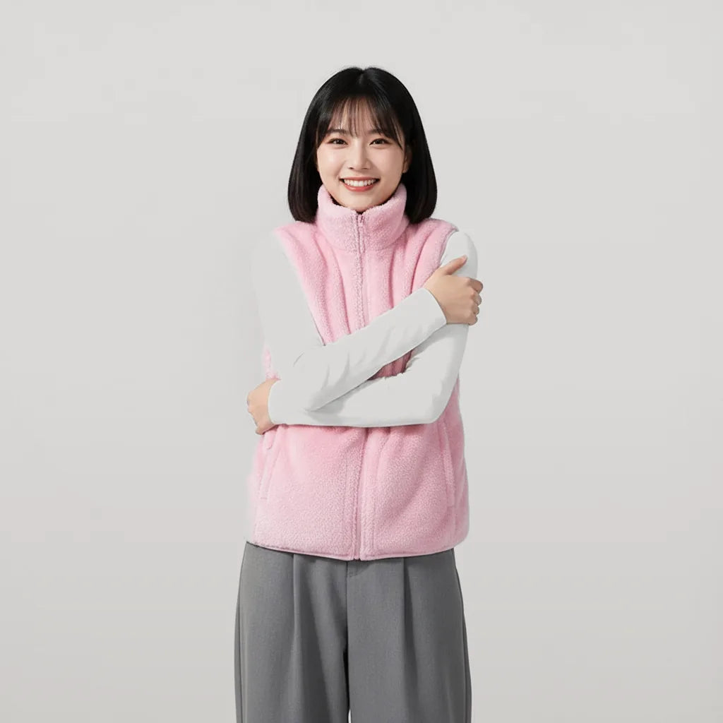 Femme portant le gilet chauffant peluche rose