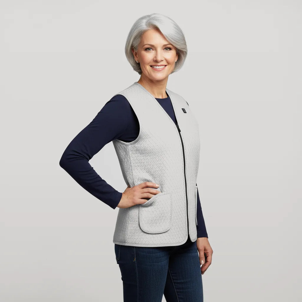 Femme portant le gilet chauffant fin gris