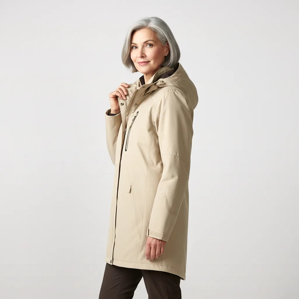 Femme portant le manteau chauffant beige