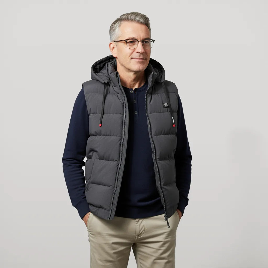 Homme portant le gilet chauffant à capuche gris sombre