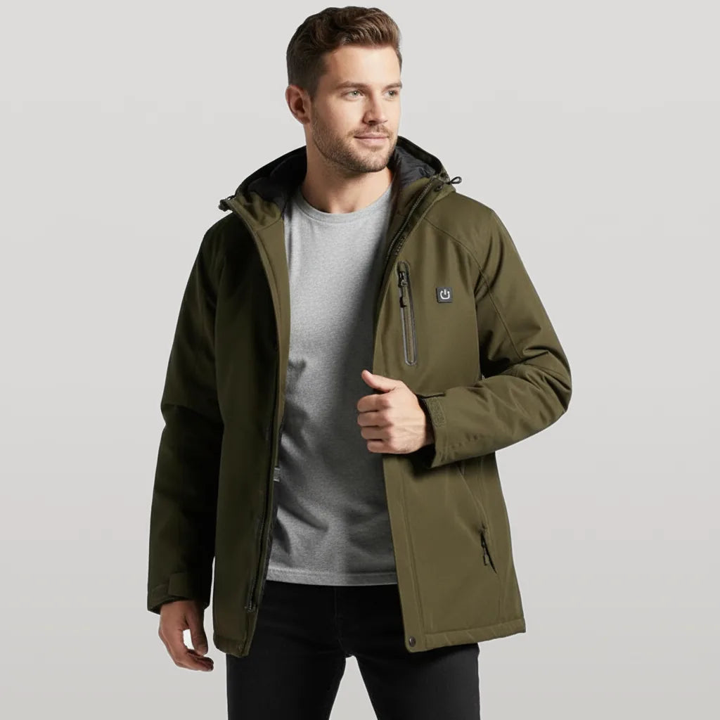 Homme portant la parka chauffante vert kaki ouverte