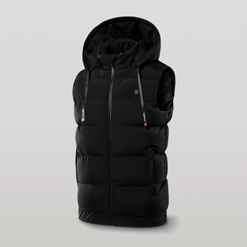 Gilet chauffant à capuche noir seul sur fond gris