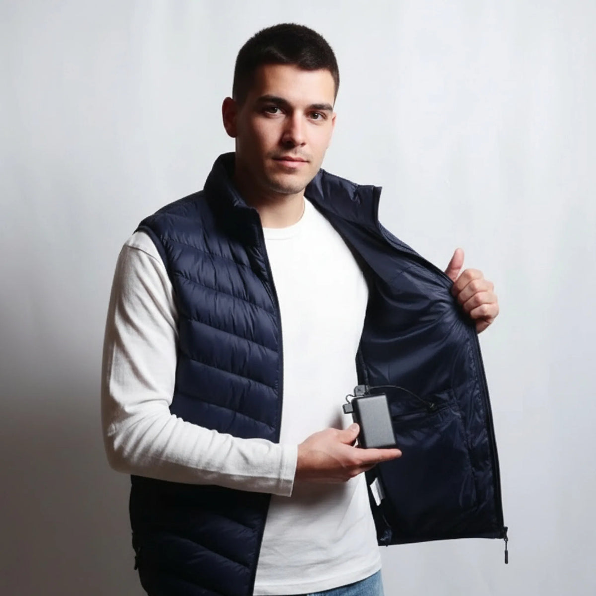 Homme ouvrant le gilet chauffant bleu marine, batterie dans la poche intérieure